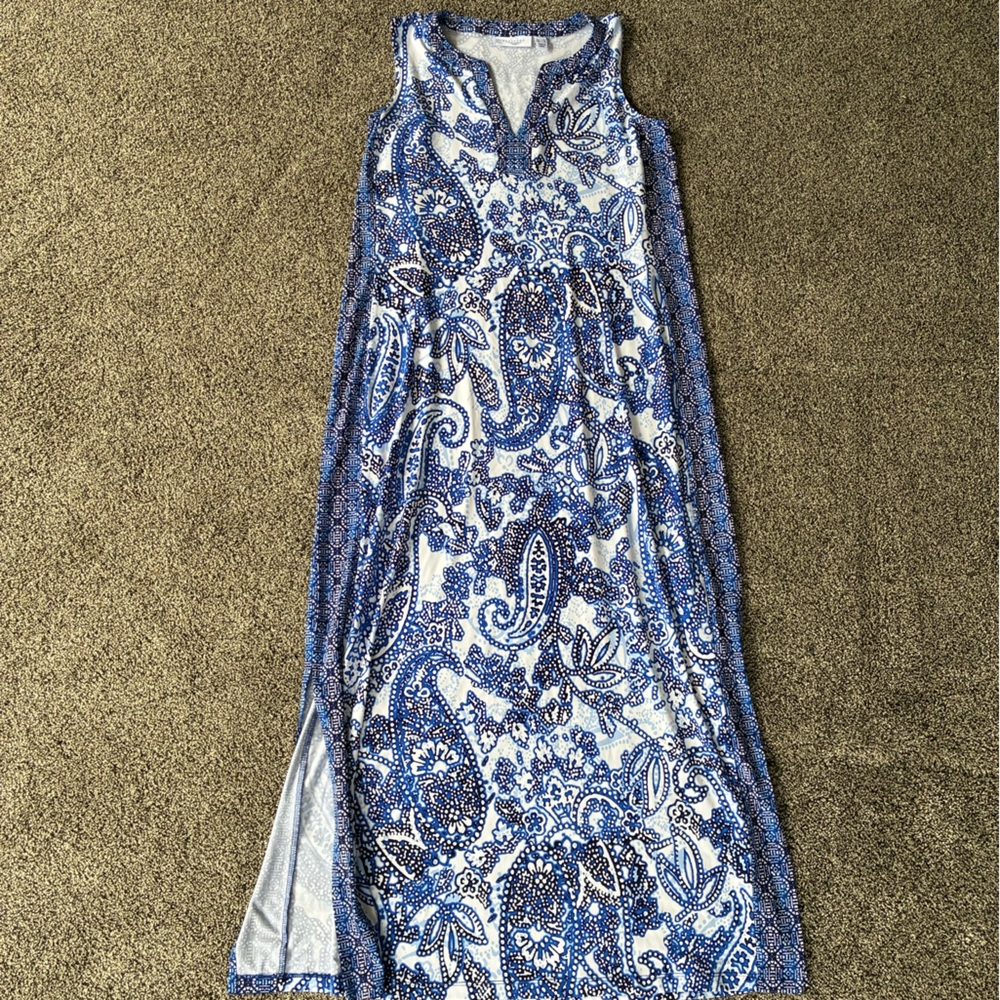Passport Susan Graver Blue/White Abstract Print Liquid Knit Dress, Size Medium